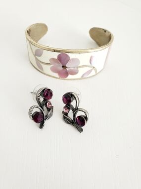 Floral White Enamel Cuff Bracelet and Amethyst Crystal Earrings Set